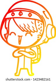warm gradient line drawing of a happy cartoon space girl