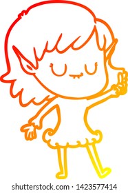warm gradient line drawing of a happy cartoon elf girl