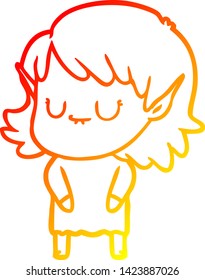warm gradient line drawing of a happy cartoon elf girl