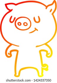 warm gradient line drawing of a happy cartoon pig
