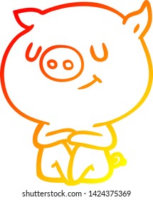 warm gradient line drawing of a happy cartoon pig
