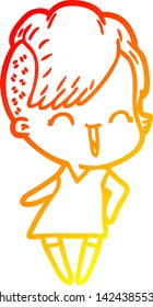 warm gradient line drawing of a happy cartoon hipster girl