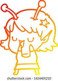 warm gradient line drawing of a happy alien girl cartoon