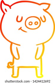 warm gradient line drawing of a happy cartoon pig