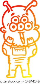 warm gradient line drawing of a happy cartoon alien