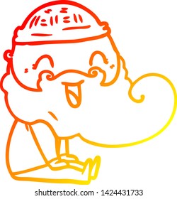 warm gradient line drawing of a happy bearded man sat down laughing