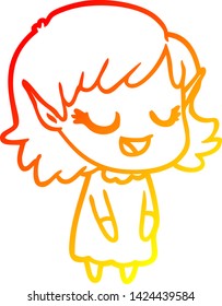 warm gradient line drawing of a happy cartoon elf girl