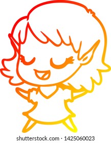 warm gradient line drawing of a happy cartoon elf girl