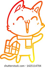 warme Farbverlauf-Linie Zeichnung einer glücklichen Cartoon Katze mit Weihnachtsgeschenk