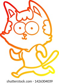 dibujo de línea de degradado cálido de un gato de dibujos animados feliz trotando
