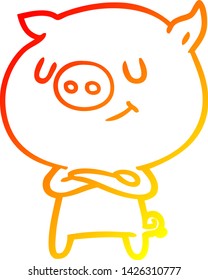 warm gradient line drawing of a happy cartoon pig