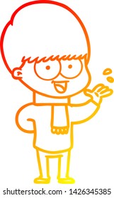 dibujo de línea de gradiente cálido de un niño de dibujos animados feliz ondeando