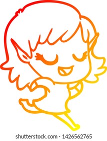 warm gradient line drawing of a happy cartoon elf girl running