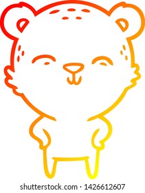 dibujo de línea de gradiente cálido de un oso de dibujos animados feliz con manos en la cadera