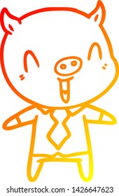 warme Farbverlauf-Linie Zeichnung eines glücklichen Kartoon-Schweins mit Hemd und Krawatte