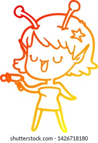 warm gradient line drawing of a happy alien girl cartoon