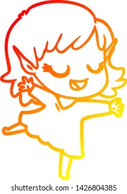 warm gradient line drawing of a happy cartoon elf girl