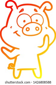 warm gradient line drawing of a happy cartoon pig