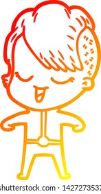 warm gradient line drawing of a happy cartoon girl in futuristic clothes