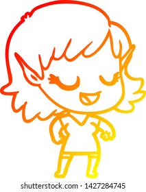 dibujo de línea de gradiente cálido de una joven elfo de caricatura feliz