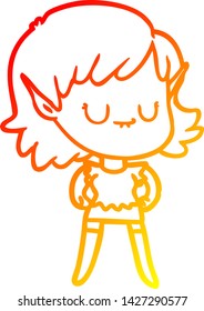 dibujo de línea de gradiente cálido de una joven elfo de caricatura feliz