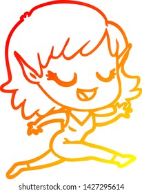 warm gradient line drawing of a happy cartoon elf girl running