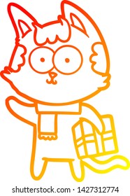 warm gradient line drawing of a happy cartoon cat with christmas present