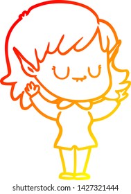 warm gradient line drawing of a happy cartoon elf girl