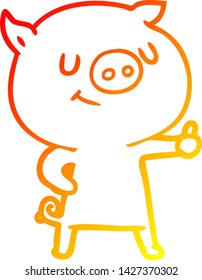 warm gradient line drawing of a happy cartoon pig