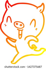 warm gradient line drawing of a happy cartoon pig running