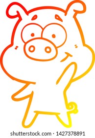 dibujo de línea de gradiente cálido de un cerdo de caricatura feliz