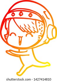 warm gradient line drawing of a happy cartoon space girl