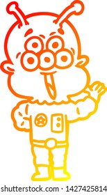 warm gradient line drawing of a happy cartoon alien waving
