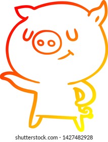 dibujo de línea de gradiente cálido de un cerdo de caricatura feliz
