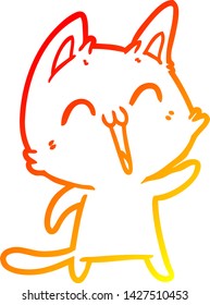 dibujo de línea de gradiente cálido de un felino de caricatura feliz empotrado