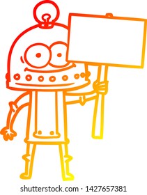 dibujo de línea de gradiente cálido de un robot de cartón feliz con bombilla