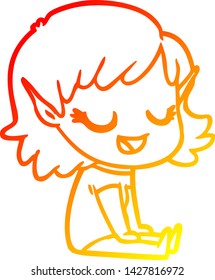 warm gradient line drawing of a happy cartoon elf girl sitting on floor