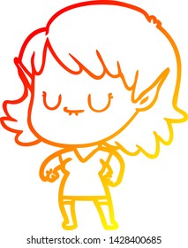 warm gradient line drawing of a happy cartoon elf girl