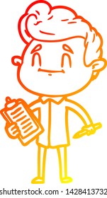 dibujo de línea de degradado cálido de un hombre de dibujos animados feliz con lápiz y portapapeles