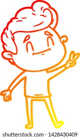 warm gradient line drawing of a happy cartoon man giving a peace sign