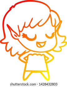 warm gradient line drawing of a happy cartoon elf girl