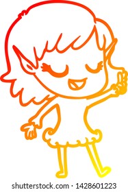 warm gradient line drawing of a happy cartoon elf girl