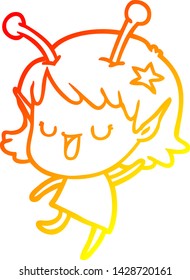 warm gradient line drawing of a happy alien girl cartoon laughing