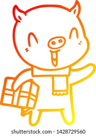 warm gradient line drawing of a happy cartoon pig with xmas present
