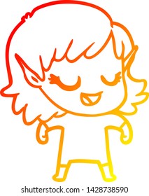 warm gradient line drawing of a happy cartoon elf girl