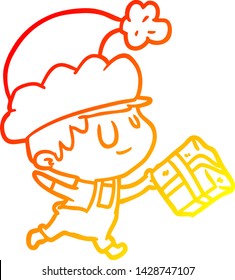 warm gradient line drawing of a happy christmas elf with present
