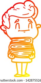 warm gradient line drawing of a happy cartoon man with stack of new books