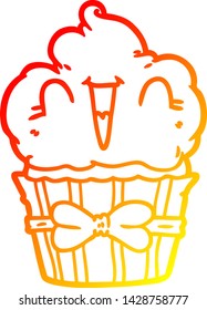 warm gradient line drawing of a happy cartoon cupcake