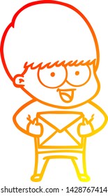 warm gradient line drawing of a happy cartoon boy with present