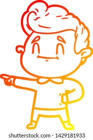 warm gradient line drawing of a happy cartoon man pointing